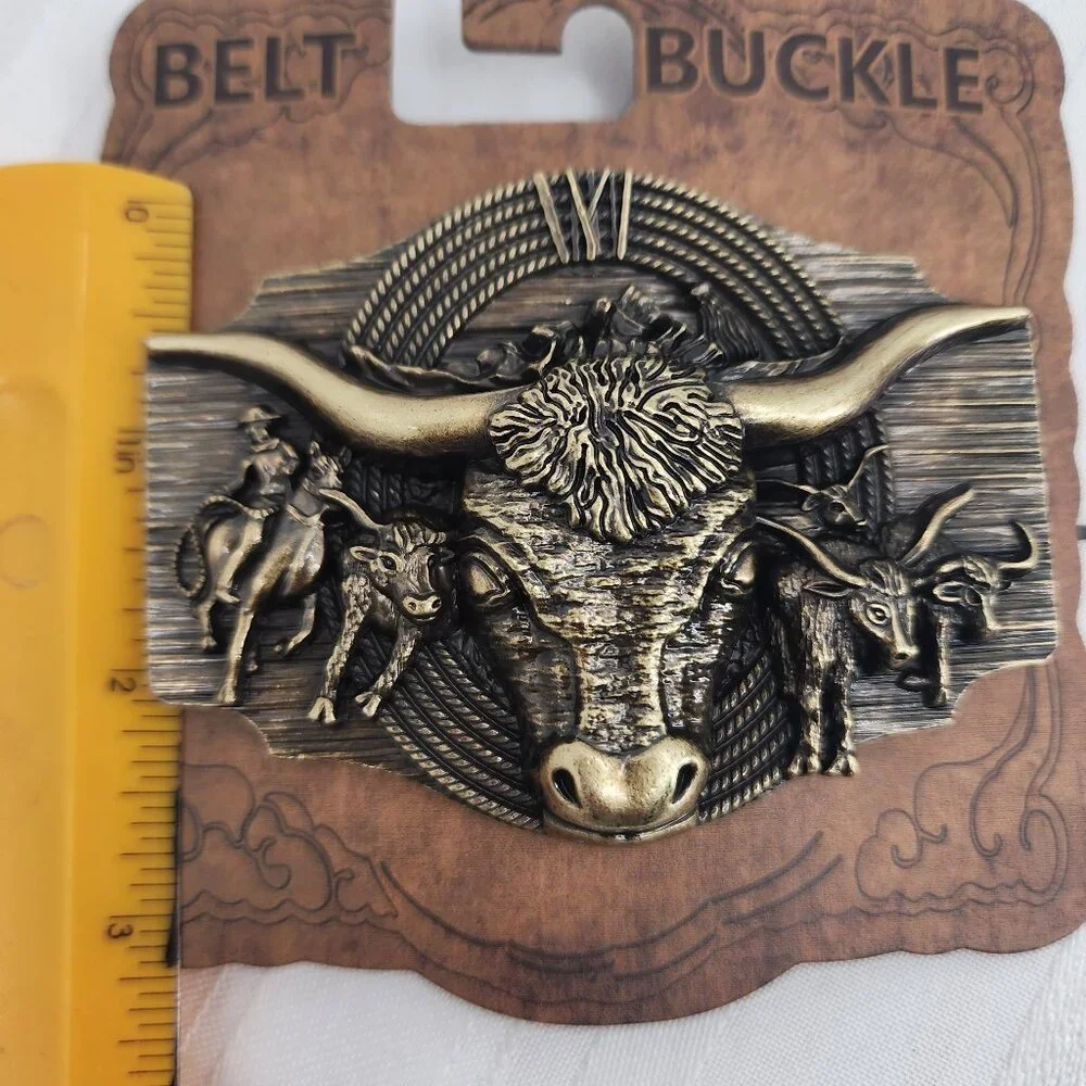 Cowboy Longhorn Cattle Stampede Gold Tone Western Belt Buckle NWT